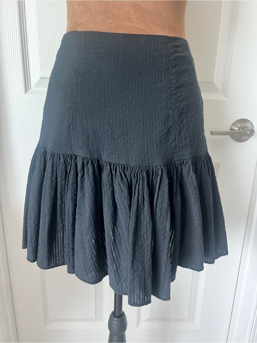 Textured Black Ruffle-Hem Skater Skirt